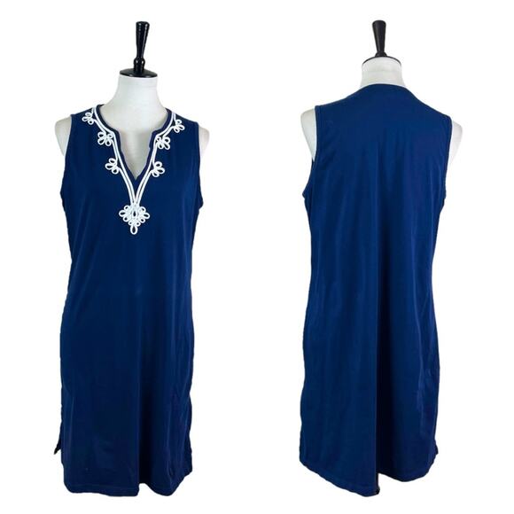 Lands’ End Shift Dress V-neck Sleeveless Soutcache Navy White Women’s Size M - Picture 10 of 10